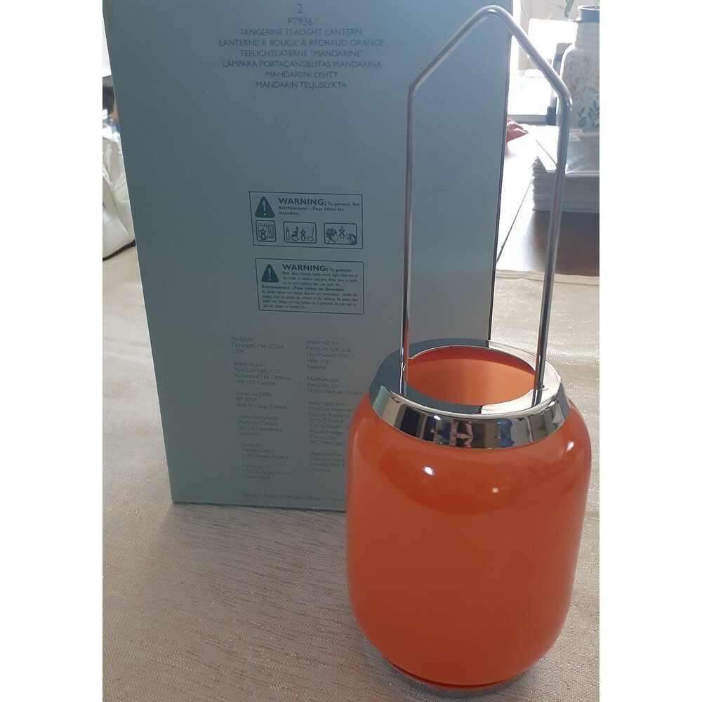 Partylite P7936 Tangerine Tealight Lantern Candle Holder Orange Silver Tone NEW - Picture 1 of 5